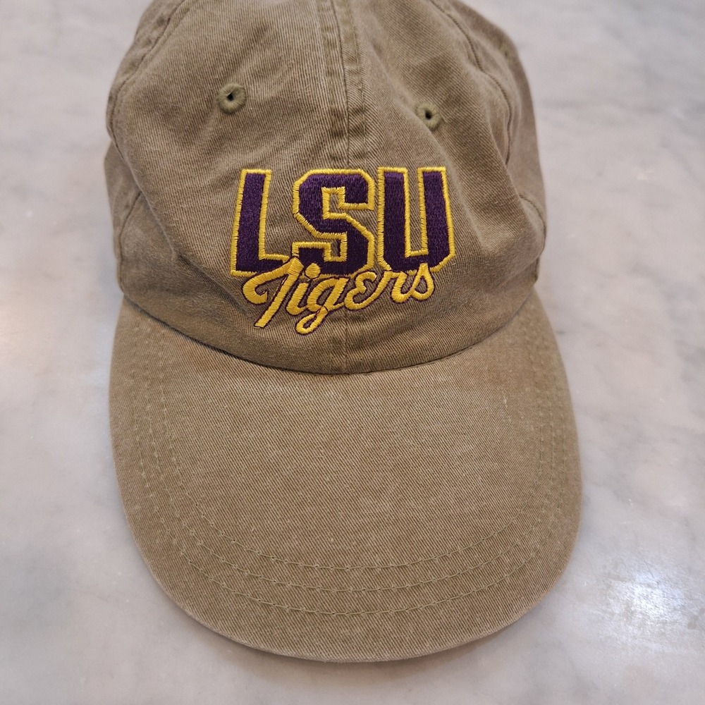 Falcon LSU Tigers Hat Mens OSFA Khaki Tan Leather Strapback Baseball Cap NCAA